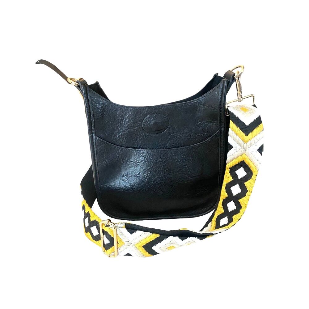 AhDorned Black Vegan Messenger Crossbody Yellow Geometric Guitar Style Strap - Picture 3 of 12